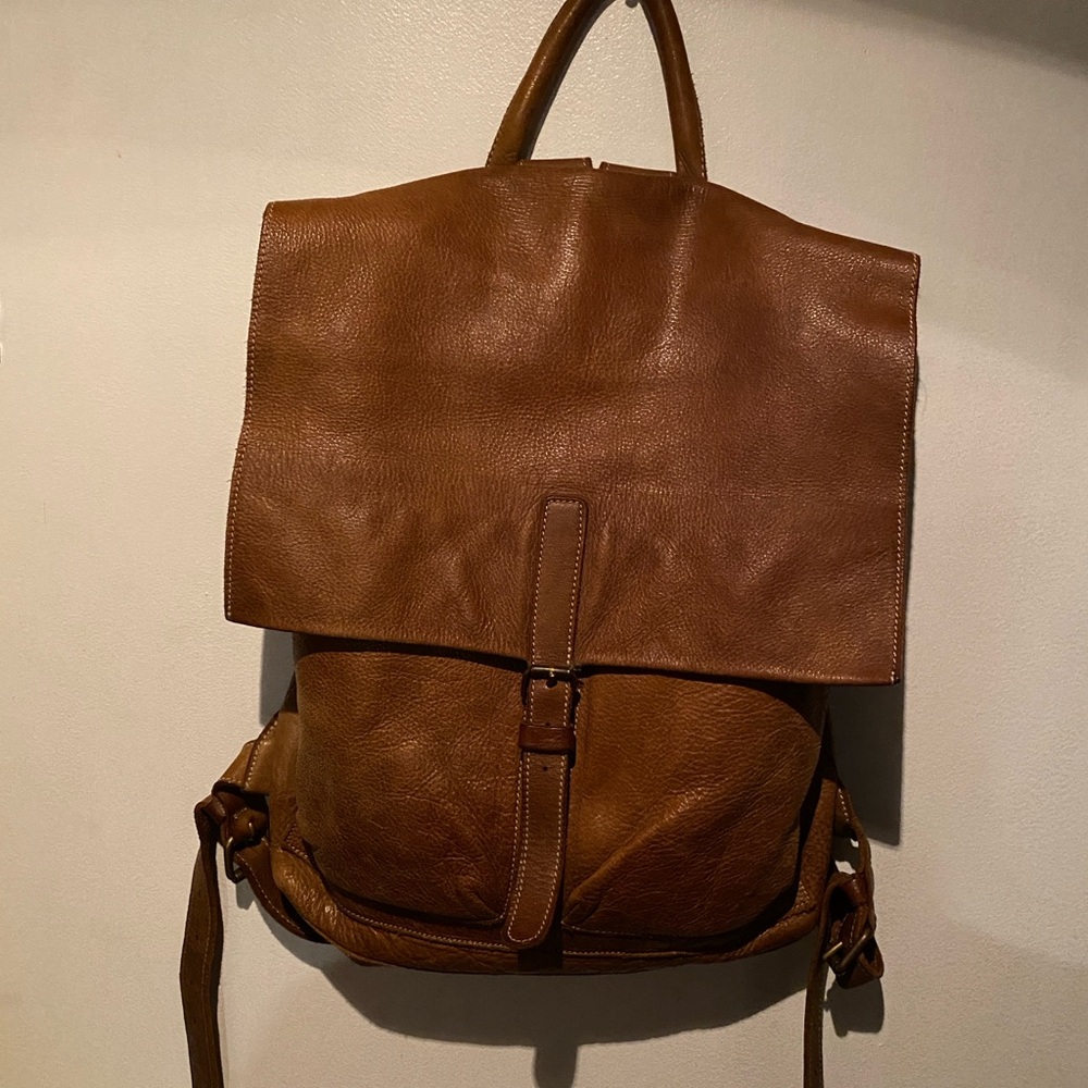 Roots Brown Leather Backpack with Flap and Buckle